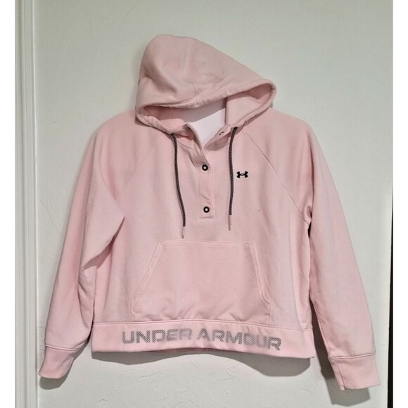 Under Armour Women Size Large Pink Loose Fit Rival Fleece Mesh Hoodie Athleisure - Picture 1 of 6